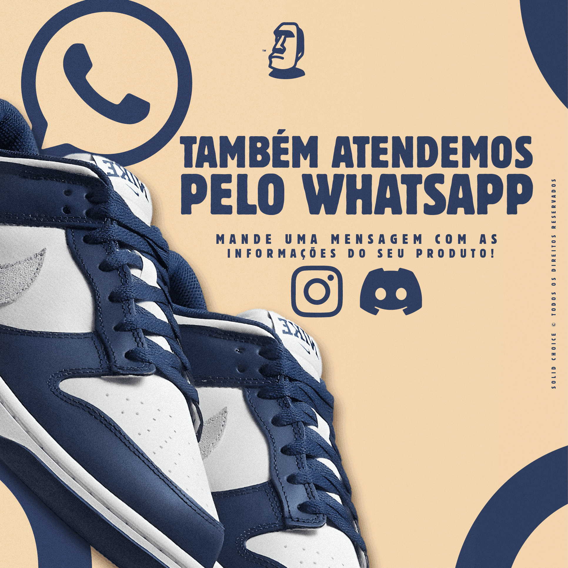 Arte da Solid Choice com um tênis e o convite para atendimento pelo WhatsApp