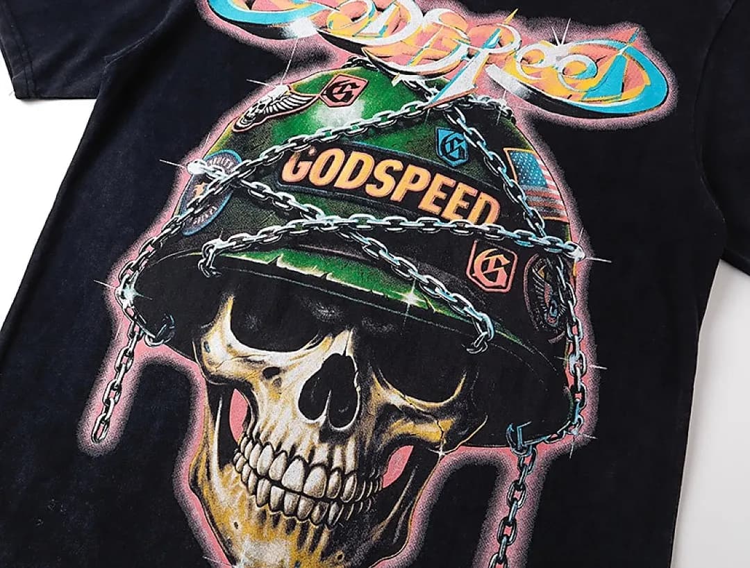 Godspeed Camiseta estonada com estampa de caveira