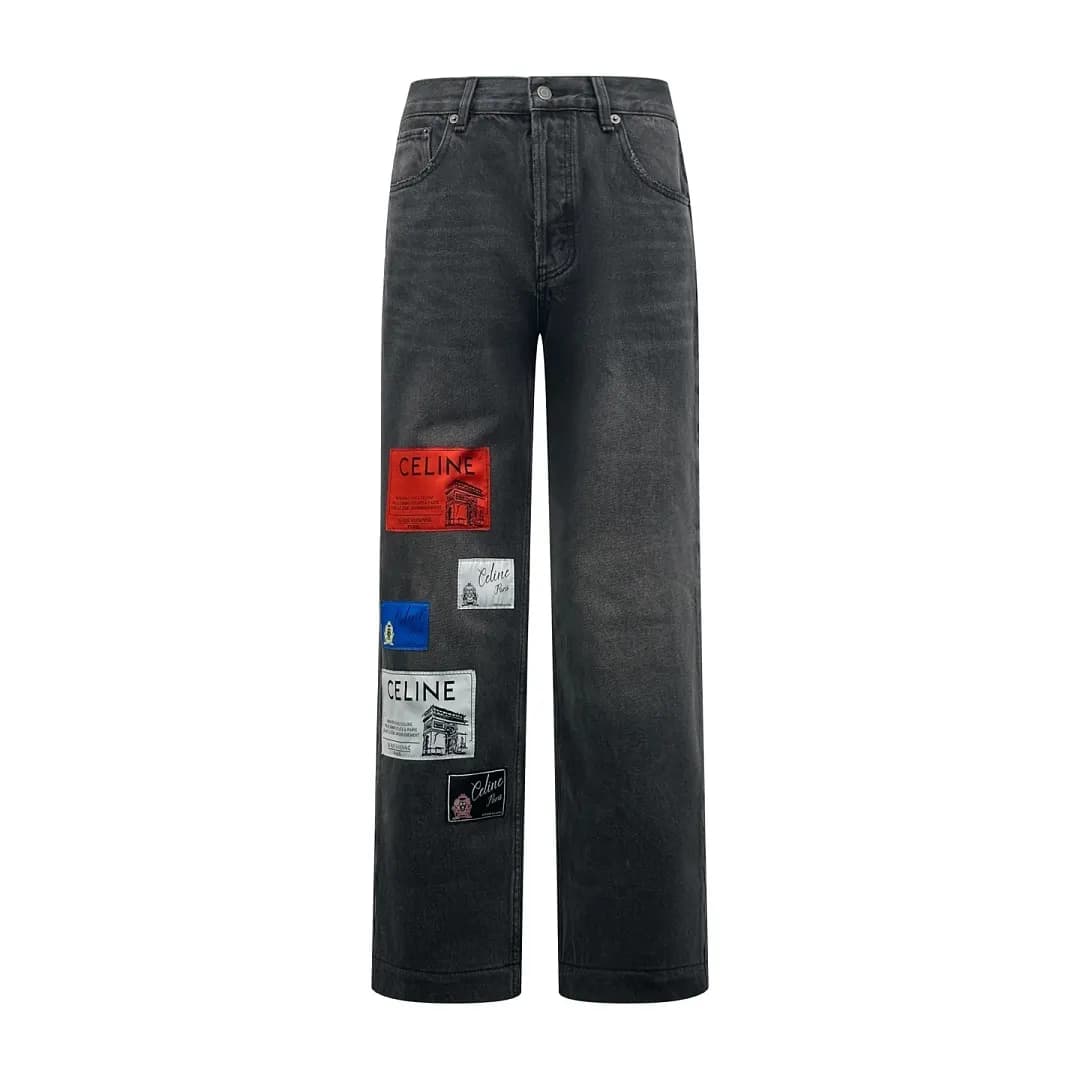 Celine Calça jeans wide leg com patches